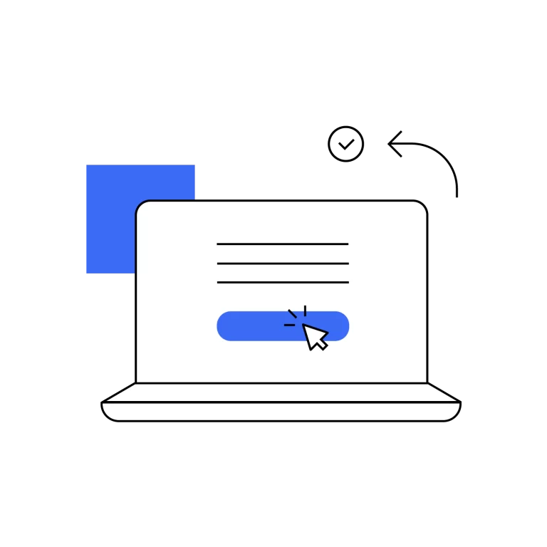 Laptop Screen with Clickable Button, Cursor, and Checkmark Vector Line Art Illustration